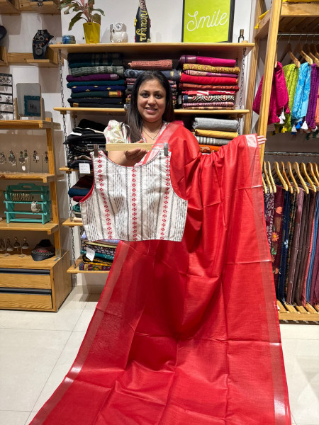 Linen Cotton Plain Saree with Embroidered Blouse