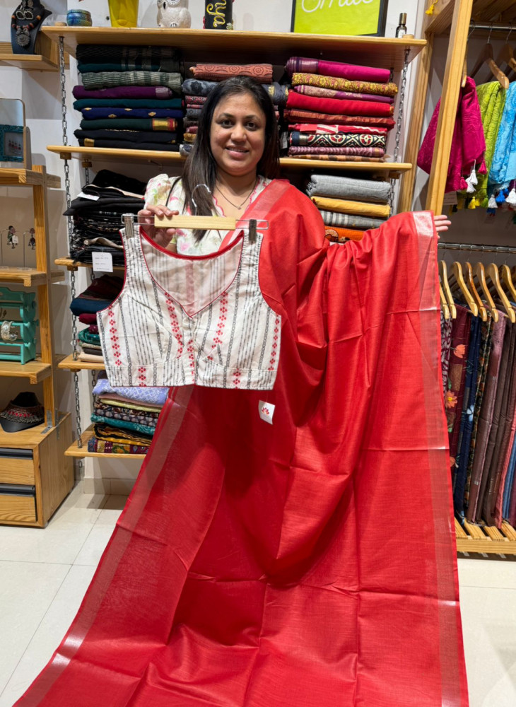 Image of Linen Cotton Plain Saree with Embroidered Blouse