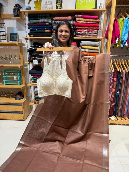 Linen Cotton Plain Saree with Embroidered Blouse