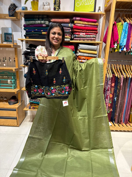 Linen Cotton Plain Saree with Embroidered Blouse