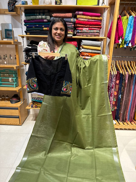 Linen Cotton Plain Saree with Embroidered Blouse