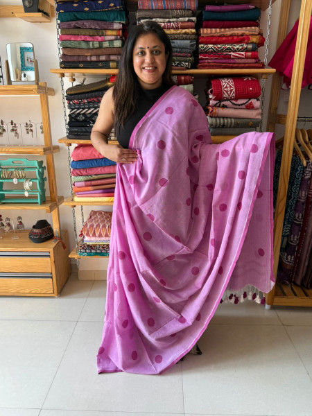 Polka Dots Pink Saree with sleeveless Blouse