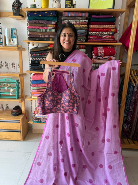 Polka Dots Pink Saree with sleeveless Blouse