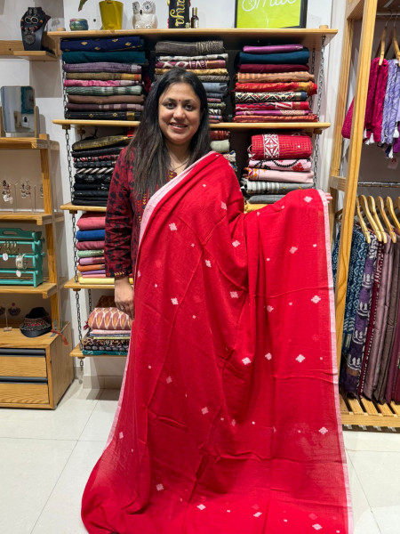 Jamdani Red Saree with Kantha Stitch Grey Blouse