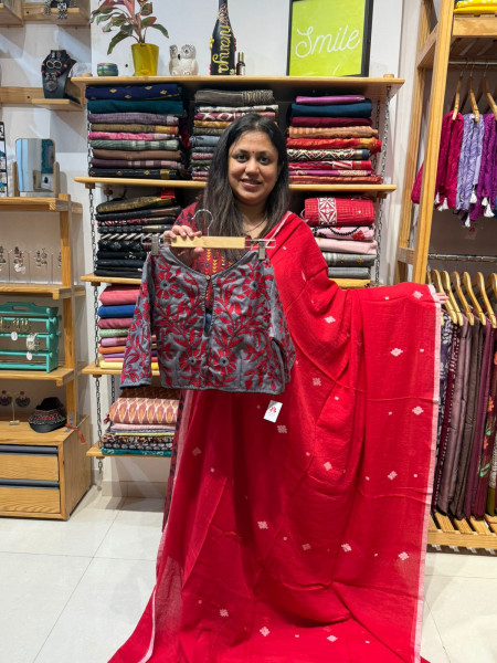 Jamdani Red Saree with Kantha Stitch Grey Blouse