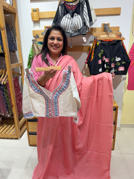 Peach Plain Mul Saree with Mirrorwork Blouse