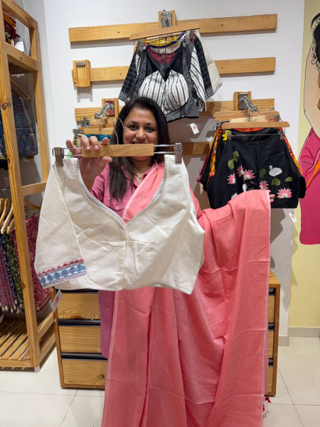 Peach Plain Mul Saree with Mirrorwork Blouse