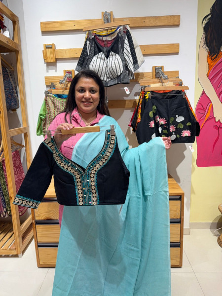 Peach Plain Mul Saree with Mirrorwork Blouse