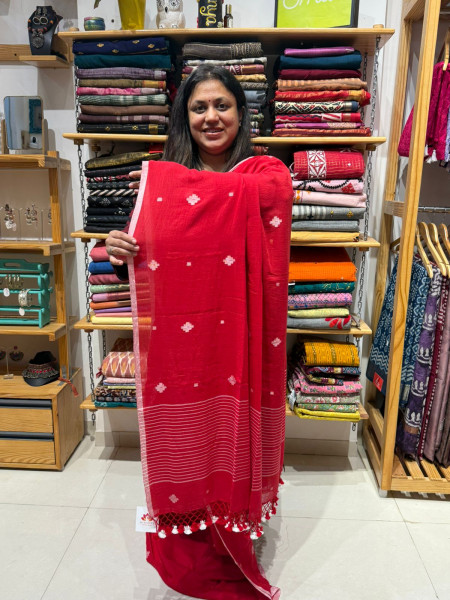 Jamdani Red Saree with Kantha Stitch Grey Blouse