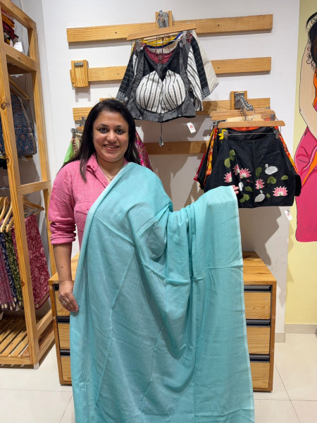 Peach Plain Mul Saree with Mirrorwork Blouse