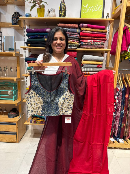 Half and Half Red Saree with Patchwork Blouse