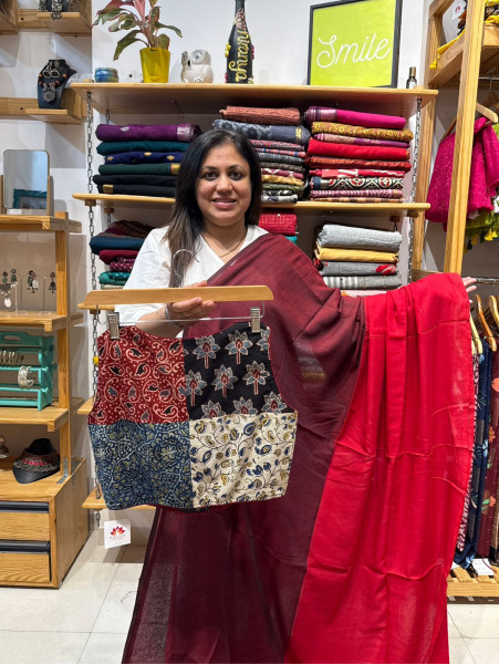 Half and Half Red Saree with Patchwork Blouse