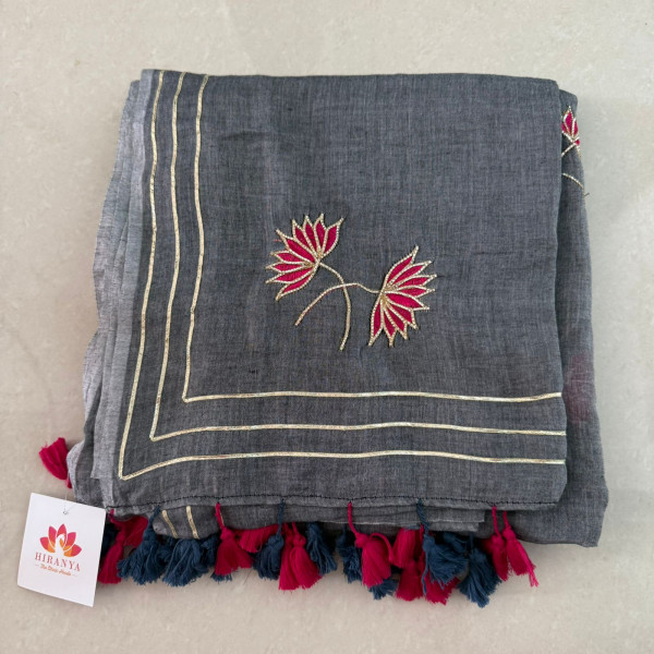 Gota Patti Lotus Work on Mul cotton Saree - Grey