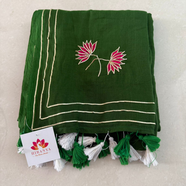 Gota Patti Lotus Work on Mul cotton Saree - Green