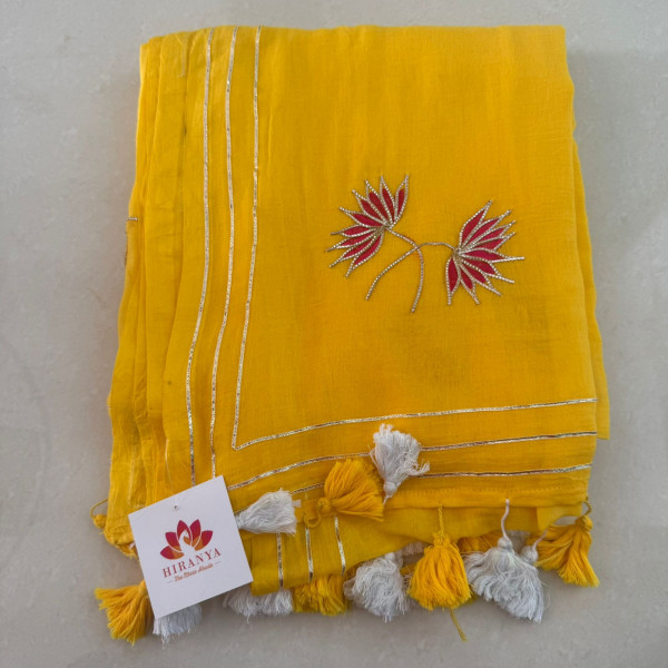 Gota Patti Lotus Work on Mul cotton Saree - Yellow