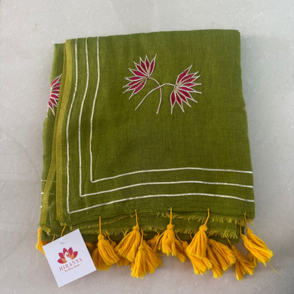Gota Patti Lotus Work on Mul cotton Saree - Light Green