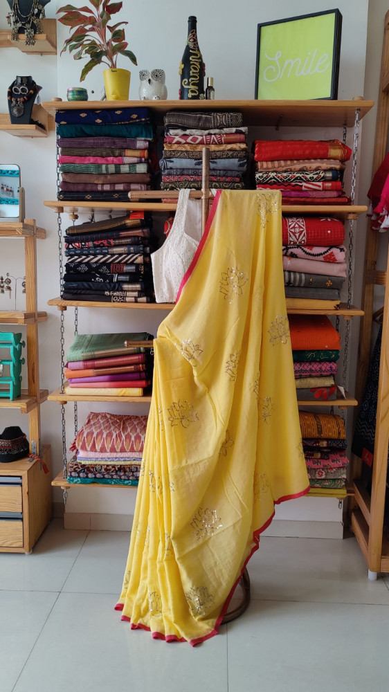 Image of Lotus Embroidery and Sequence Work MUL SAREE - Light Yellow