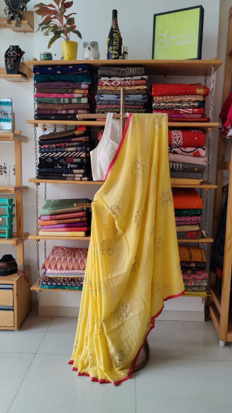 Lotus Embroidery and Sequence Work MUL SAREE - Light Yellow