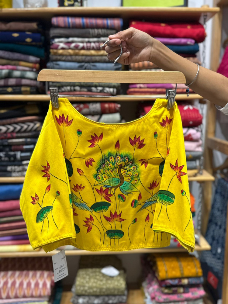 Image of Peacock Handpainted Yellow Blouse- FREE SIZE