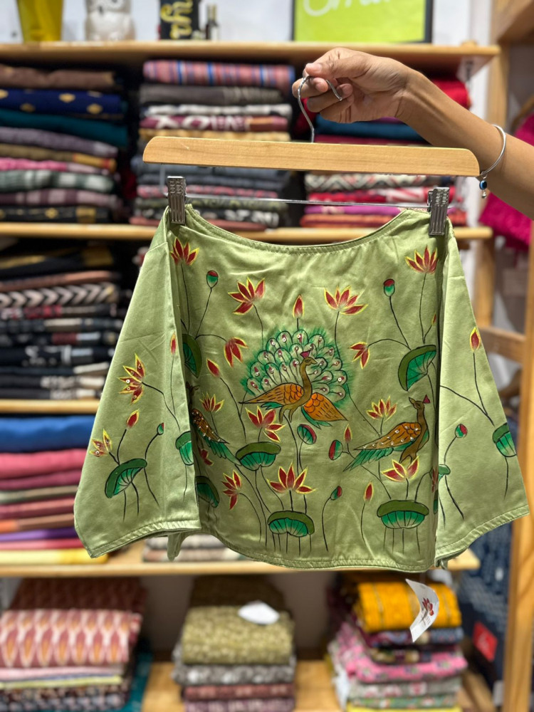 Image of Peacock Handpainted Blouse- FREE SIZE - Pastel Green