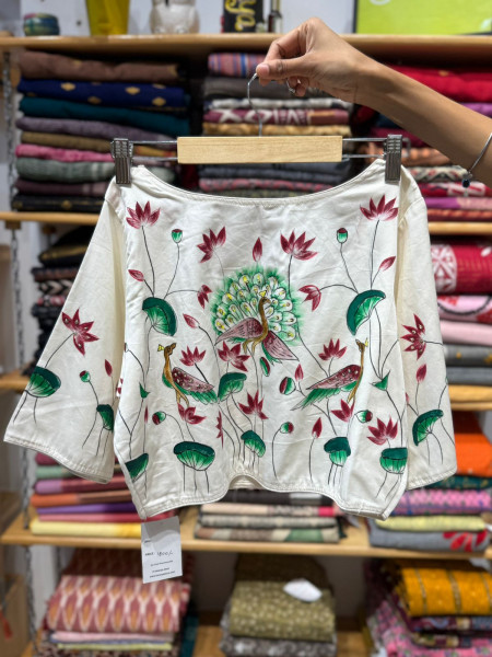 Peacock Handpainted  Cream Blouse- FREE SIZE
