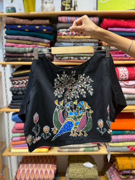 Peacock Handpainted Black Blouse- FREE SIZE
