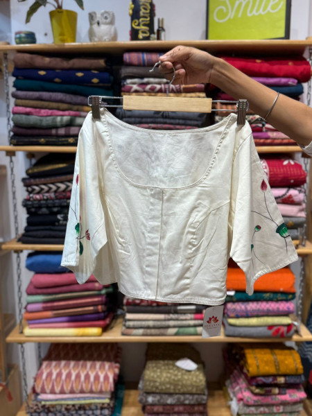 Peacock Handpainted  Cream Blouse- FREE SIZE