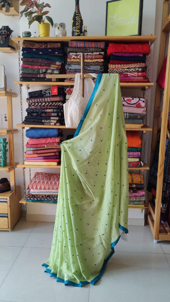 Hearts Print Mul Cotton Saree Green