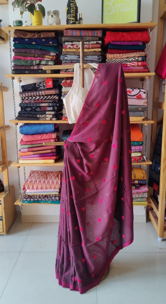 Big Hearts Embroidered Mul Cotton Saree - Purple