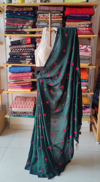 Big Hearts Embroidered Mul Cotton Saree - Green