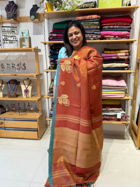 Linen Tissue Saree - Orange
