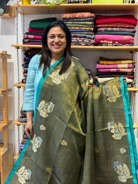 Linen Tissue Saree Green