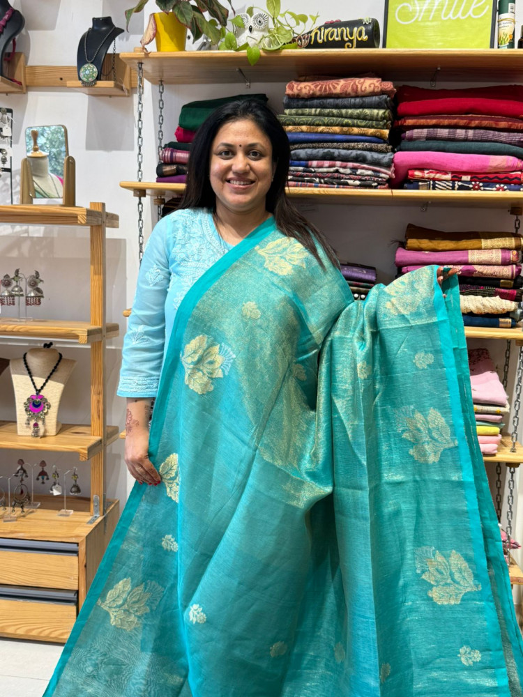 Image of Linen Tissue Saree Sea Green