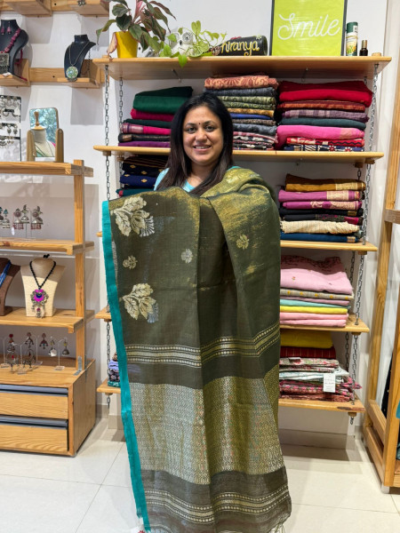 Linen Tissue Saree Green