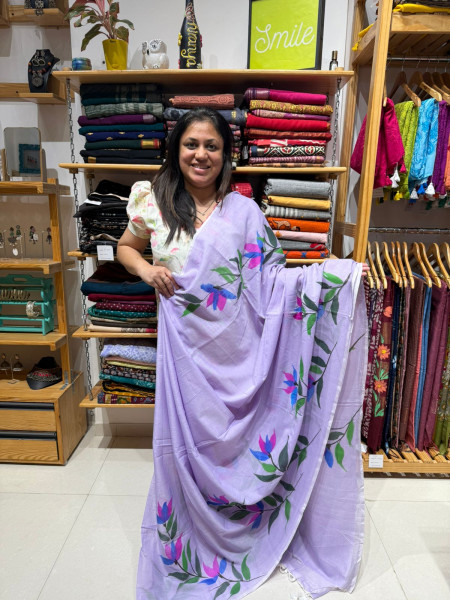 Handpainted Mul Cotton Saree - LILAC