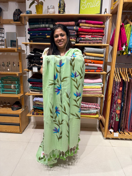 Handpainted Mul Cotton Saree - Green