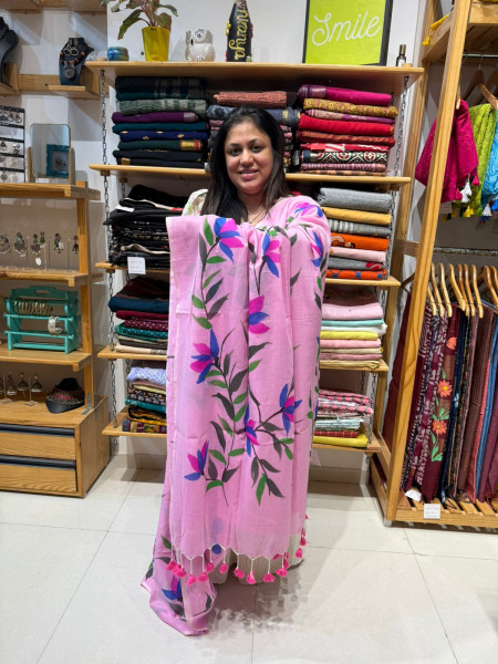 Handpainted Mul Cotton Saree - PINK