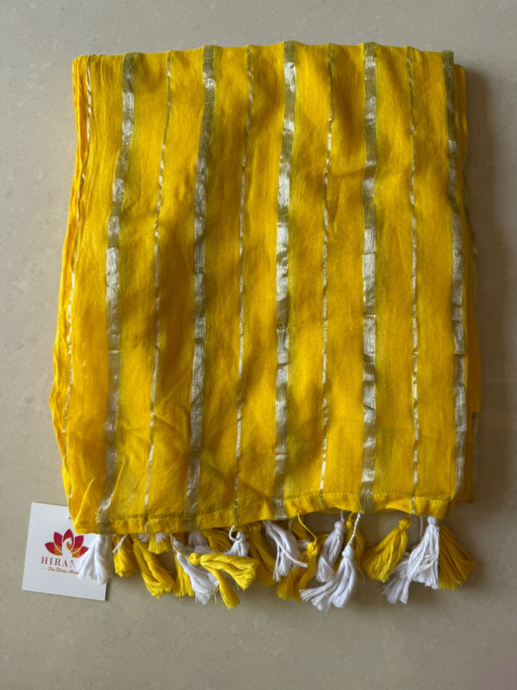 Image of Mul cotton Zari Stripes - YELLOW
