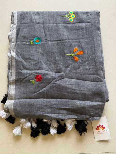 Mul Cotton Phool Patta Embroidery Saree - GREY