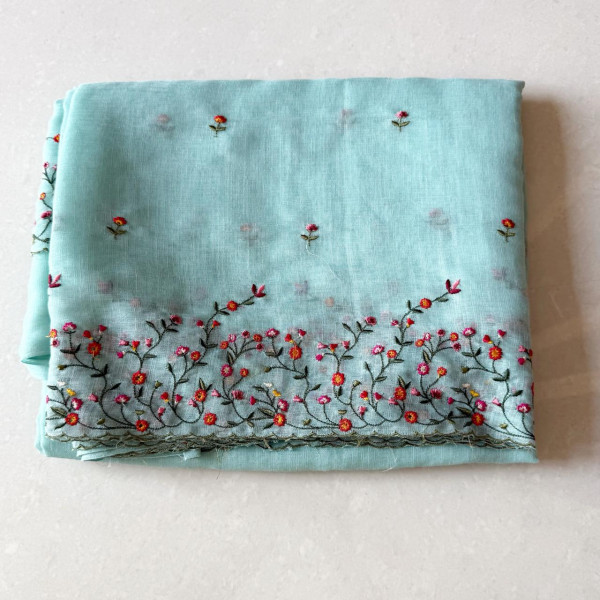 Linen Cotton Floral Embroidery and scalloping Saree- Blue