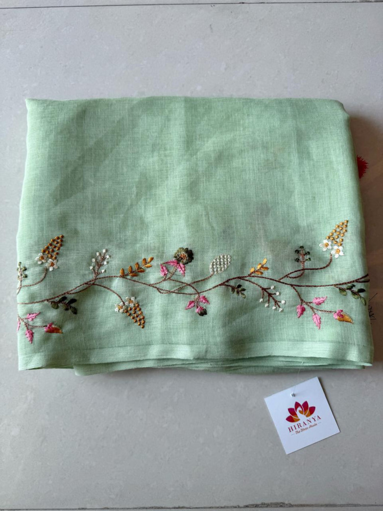 Image of Linen Cotton Saree- Mint Colour