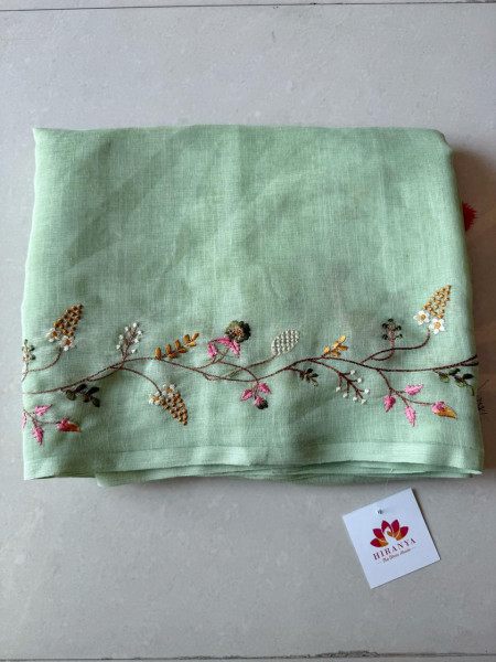 Linen Cotton Saree- Mint Colour