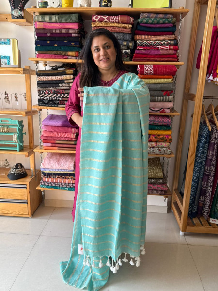 Pure cotton Zari Stripes saree with white Embroidered Blouse