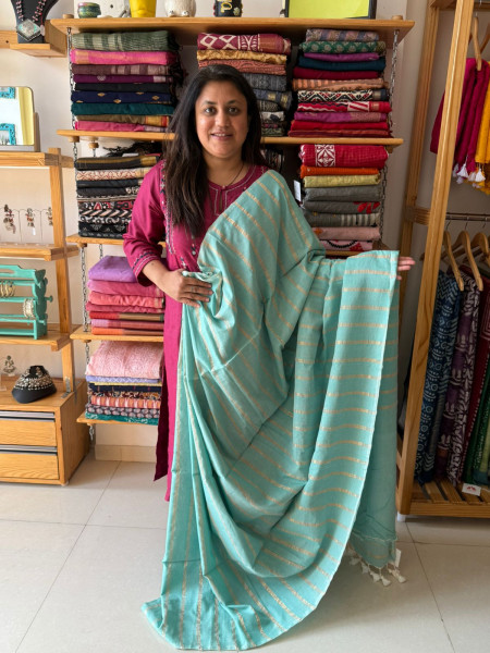 Pure cotton Zari Stripes saree with white Embroidered Blouse