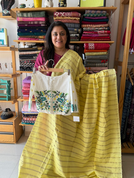 Pure cotton Zari Stripes saree in yellow with white Embroidered Blouse