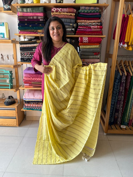 Pure cotton Zari Stripes saree in yellow with white Embroidered Blouse
