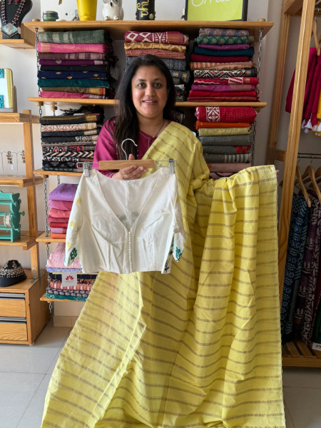 Pure cotton Zari Stripes saree in yellow with white Embroidered Blouse