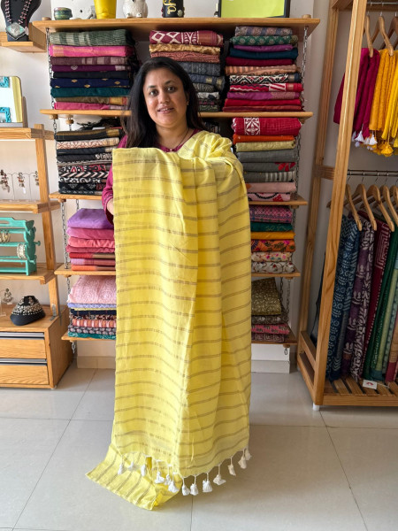 Pure cotton Zari Stripes saree in yellow with white Embroidered Blouse