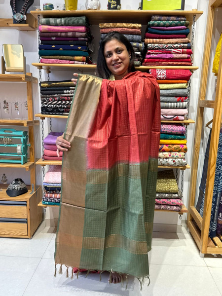 Semi Silk Saree with Zari Checks - Peach Green