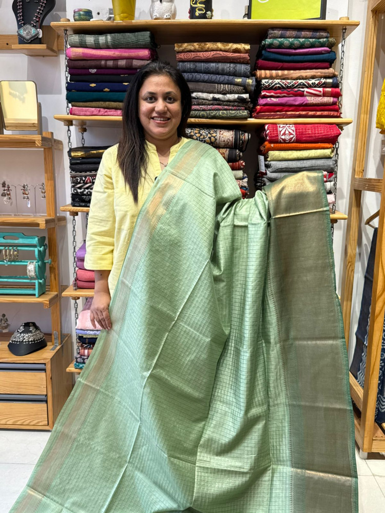 Image of Semi Silk Saree with Zari Checks - Green